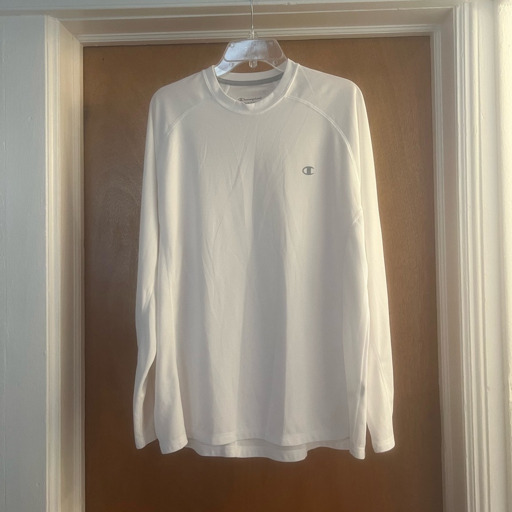 Champion Men's Double Dry White Crewneck Long Sleeve Shirt